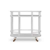 Front view of white coastal style bar cart.