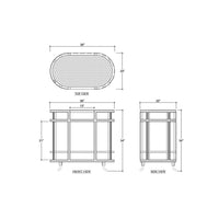 Bar cart dimensions illustration, top and front views included.
