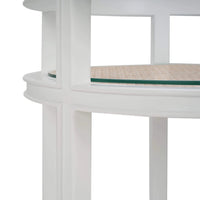 Detailed view of bar cart with clear top and white frame.