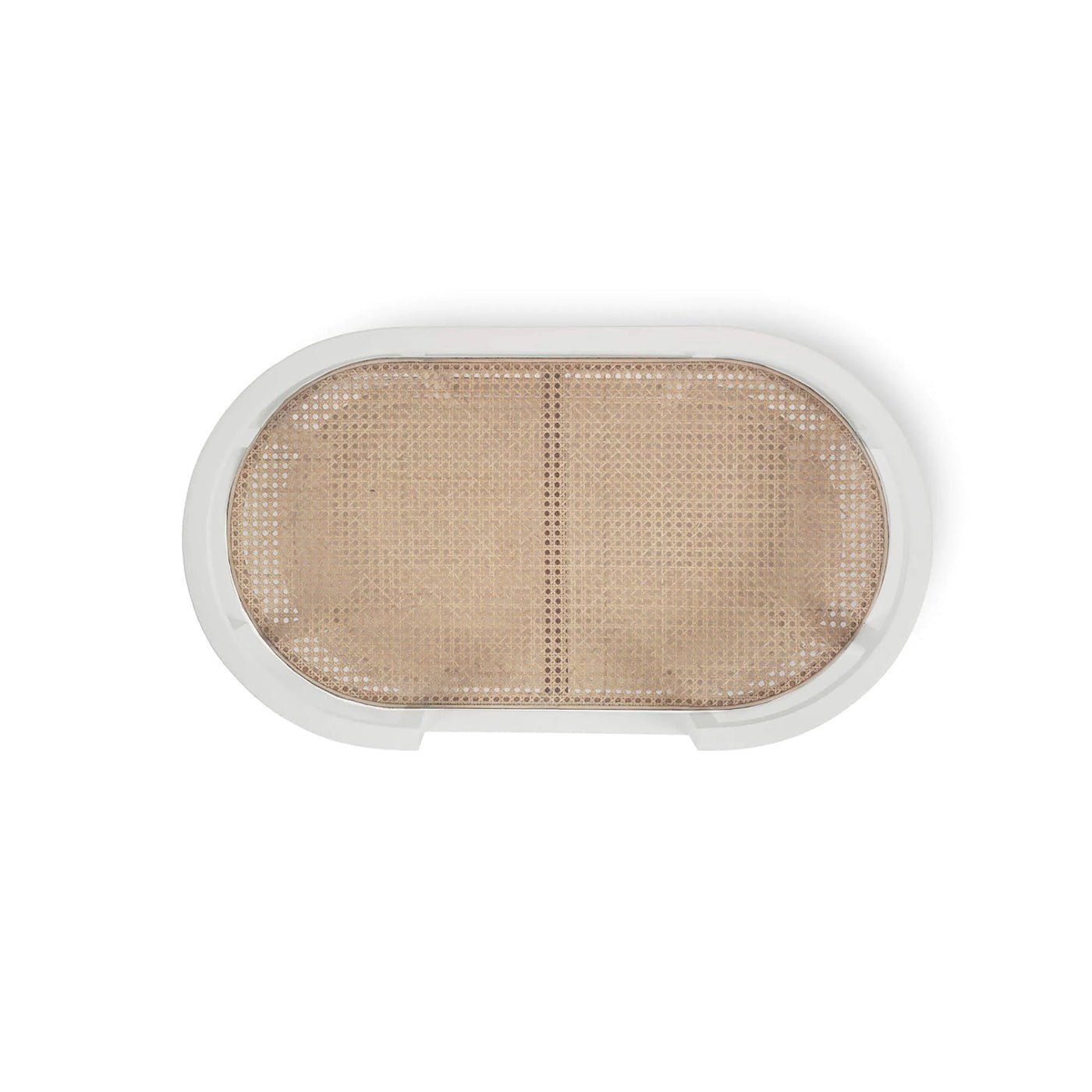 Top view of white bar cart showing woven surface.