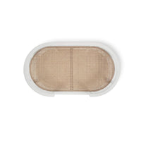 Top view of white bar cart showing woven surface.