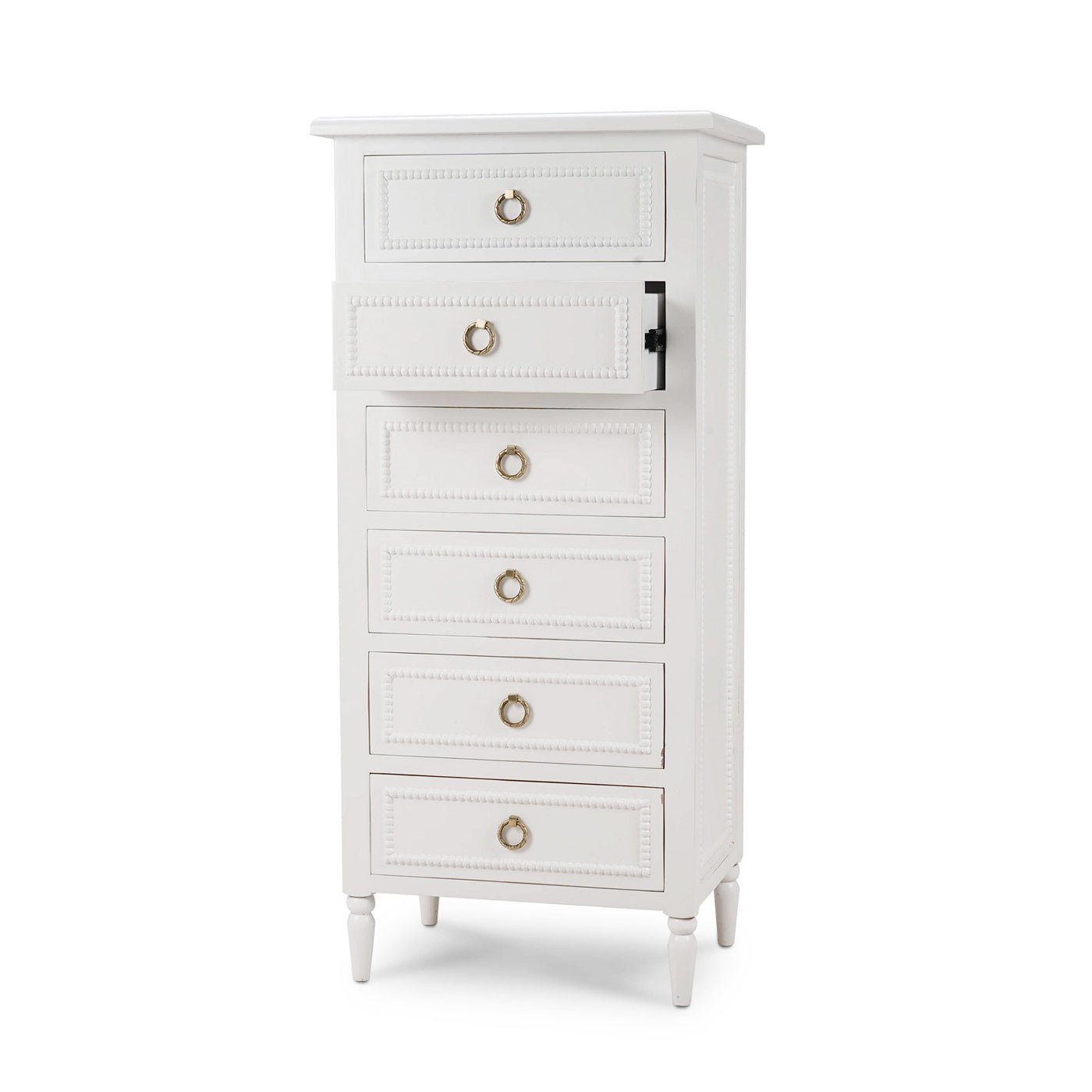 White chest with open drawer displaying shelving.