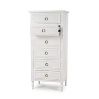 White chest with open drawer displaying shelving.