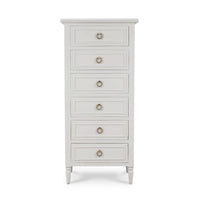 Front view of white chest with ornate detailing.