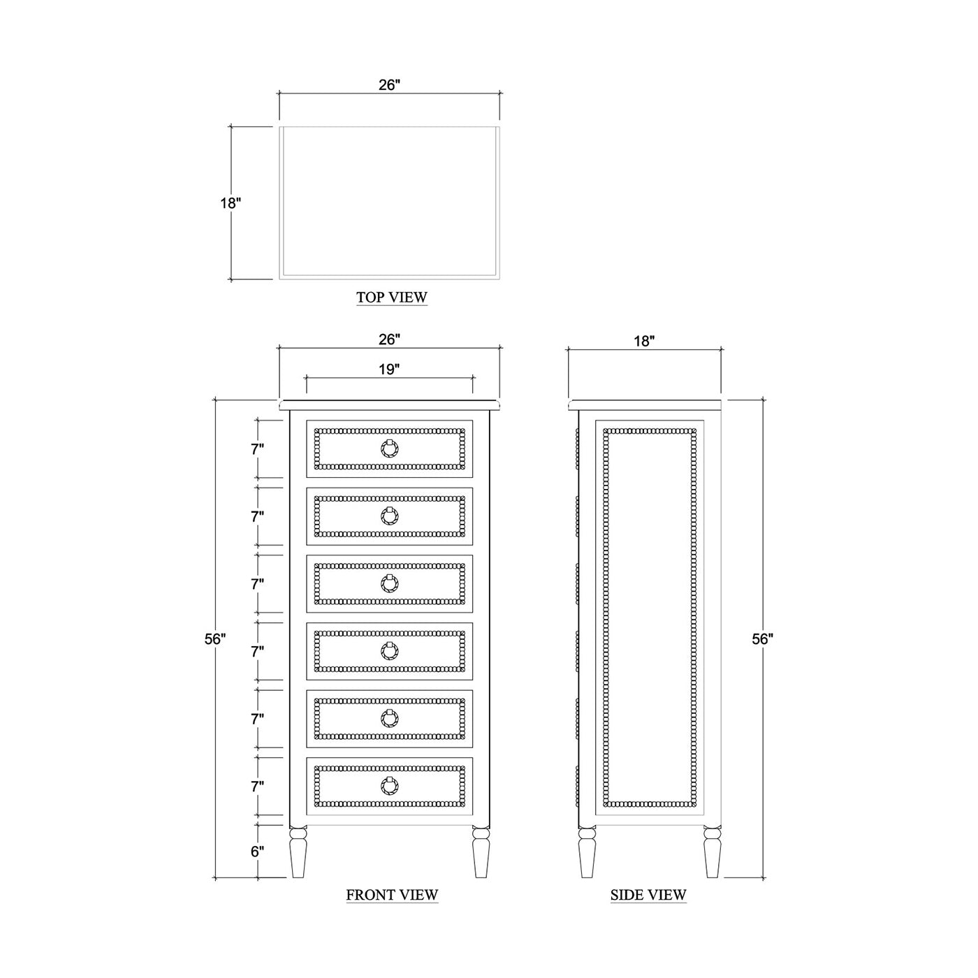 Dimensions diagram of white-painted lingerie chest.