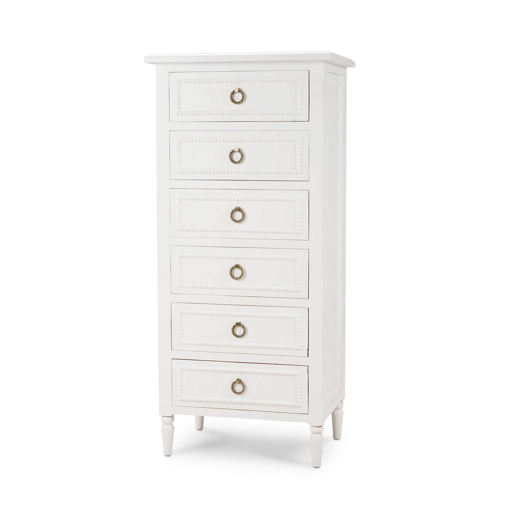 White lingerie chest with six drawers and ring handles.