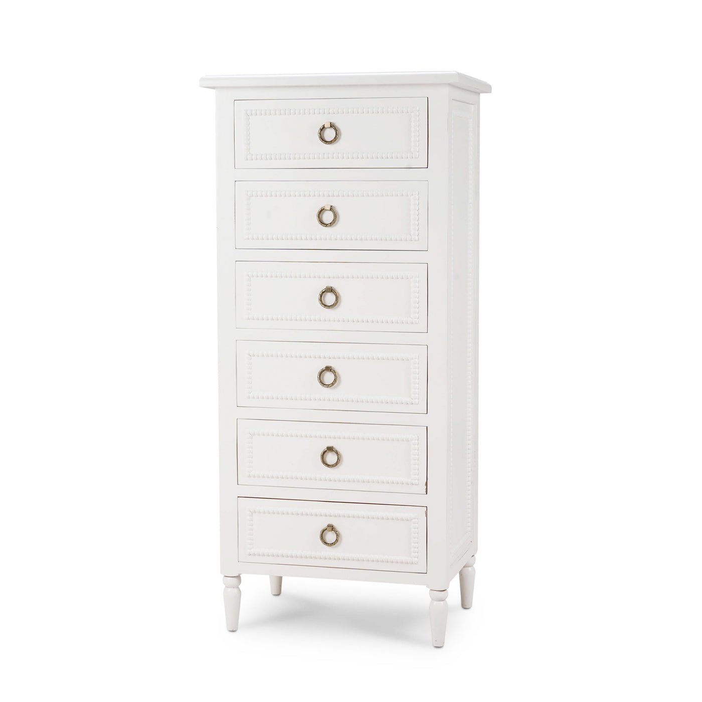 White lingerie chest with six drawers and ring handles.