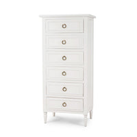 White lingerie chest with six drawers and ring handles.