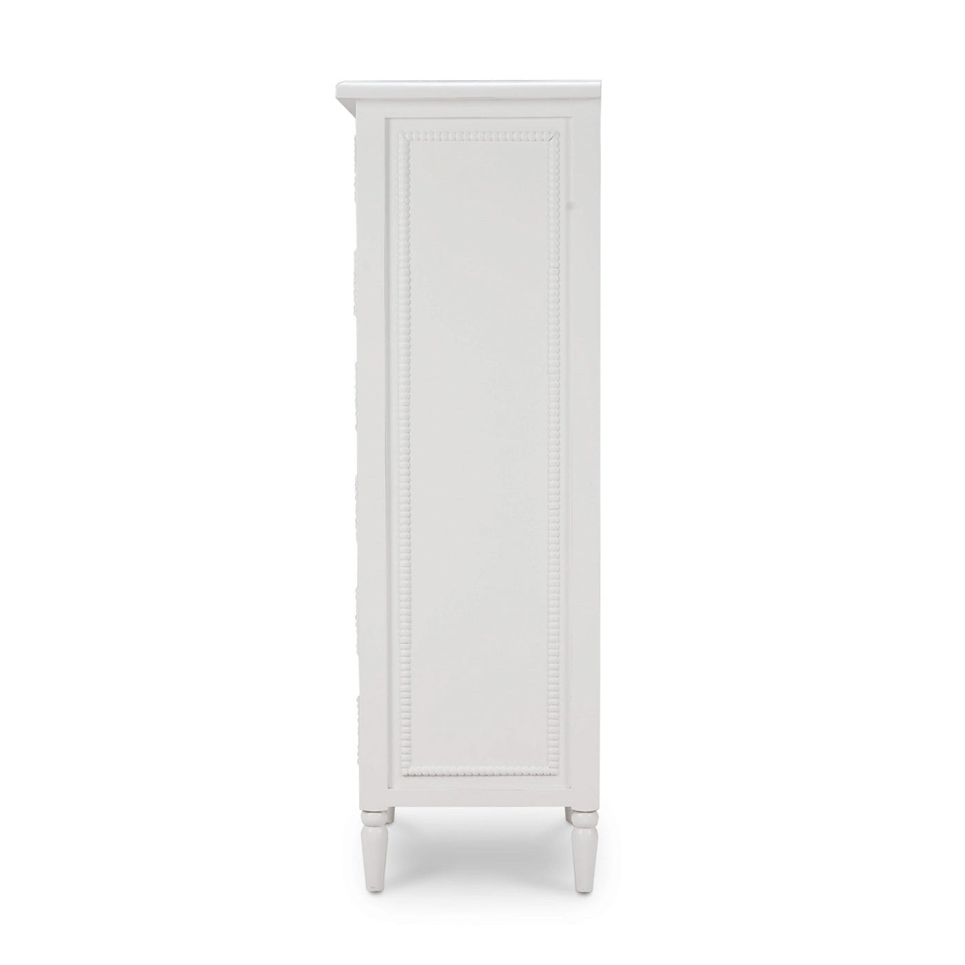 Side view of white lingerie chest detailing.