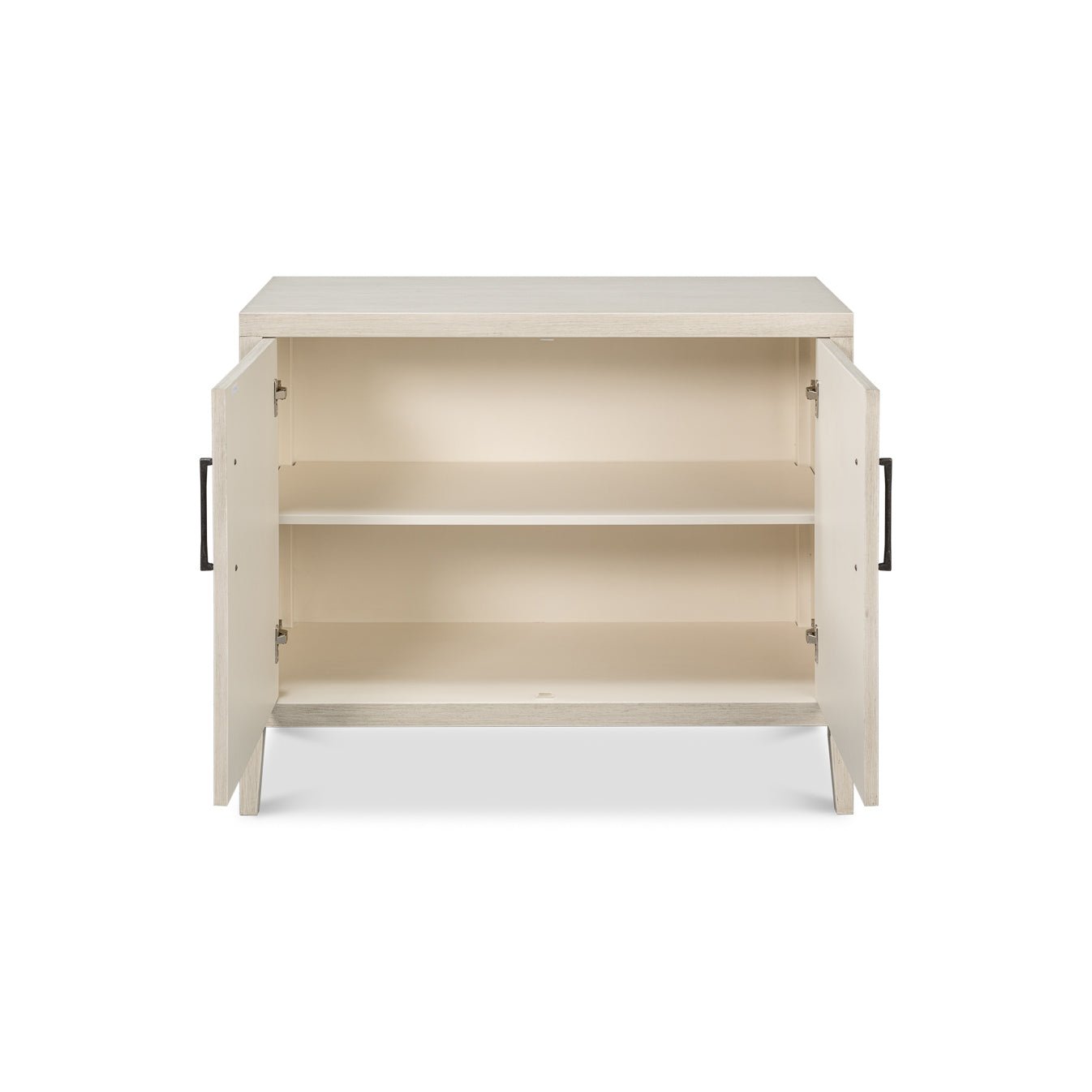 Side cabinet, interior view, open doors, single shelf.