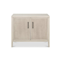 Modern side cabinet, front perspective, light finish.