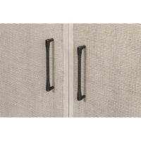 Side cabinet, close-up, black metal handles.