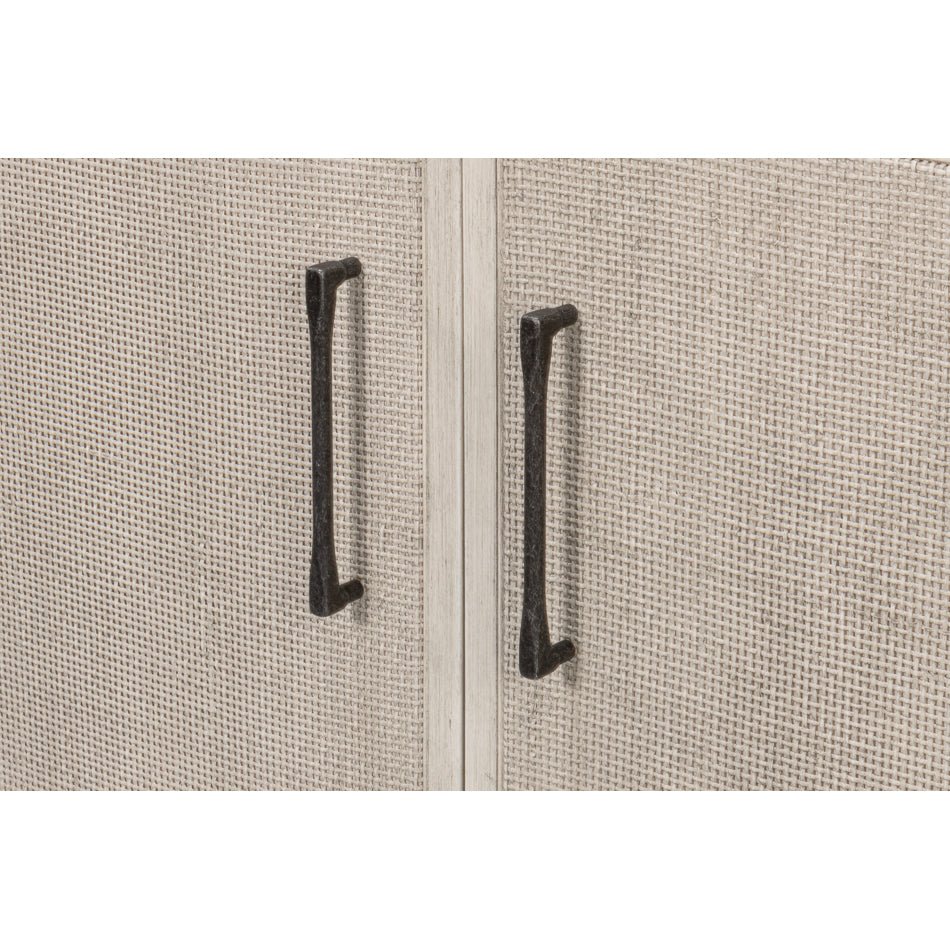 Side cabinet, close-up, black metal handles.