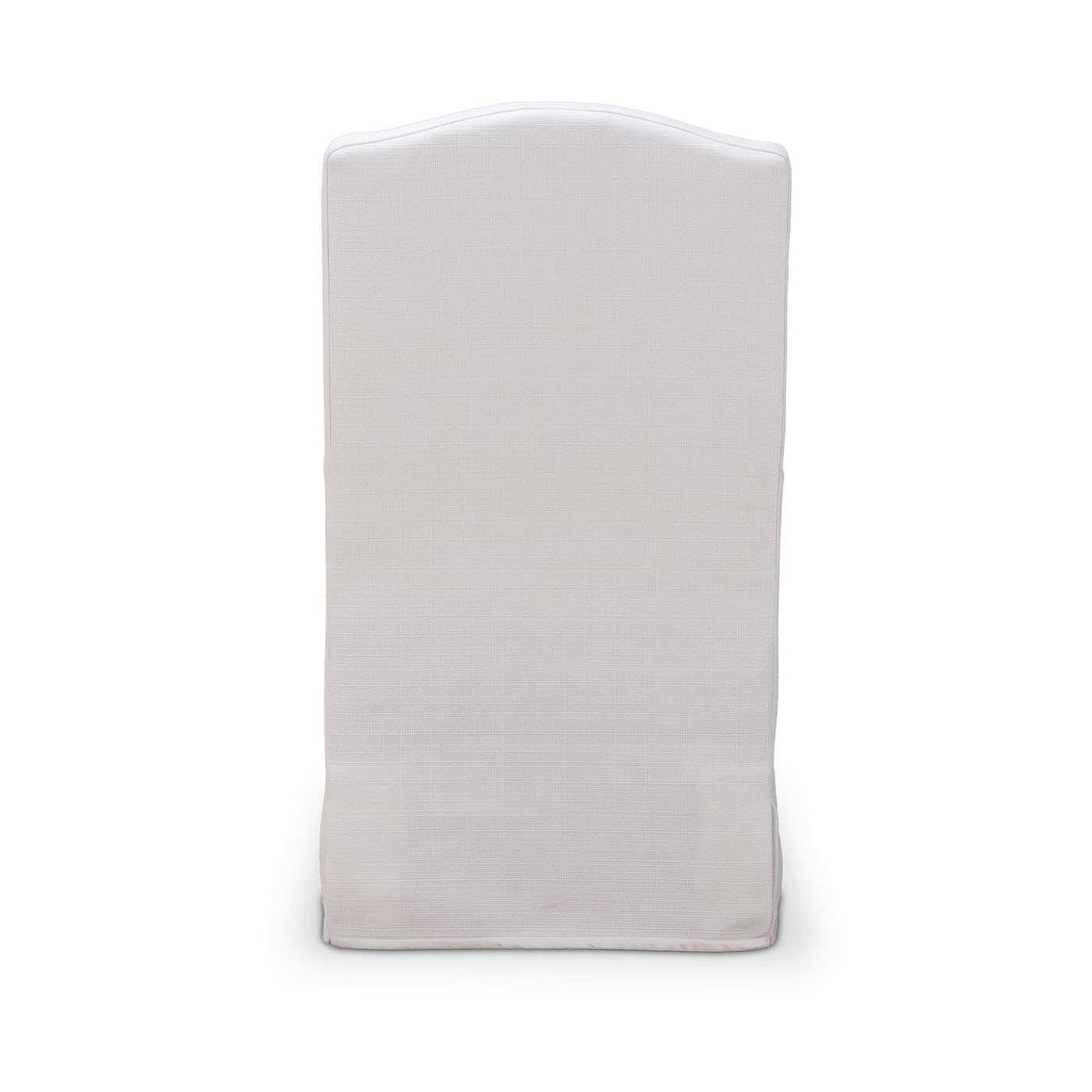 White slipcovered dining chair, rear view of backrest.