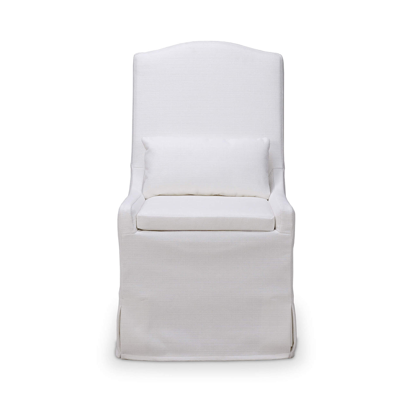 White slipcovered dining chair, straight front view.