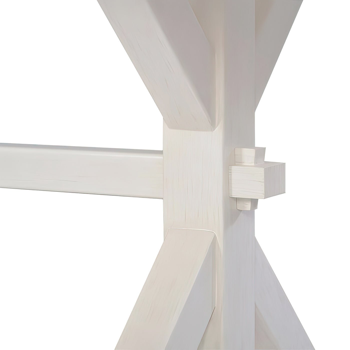 Trestle base joint detail, white dining table design.