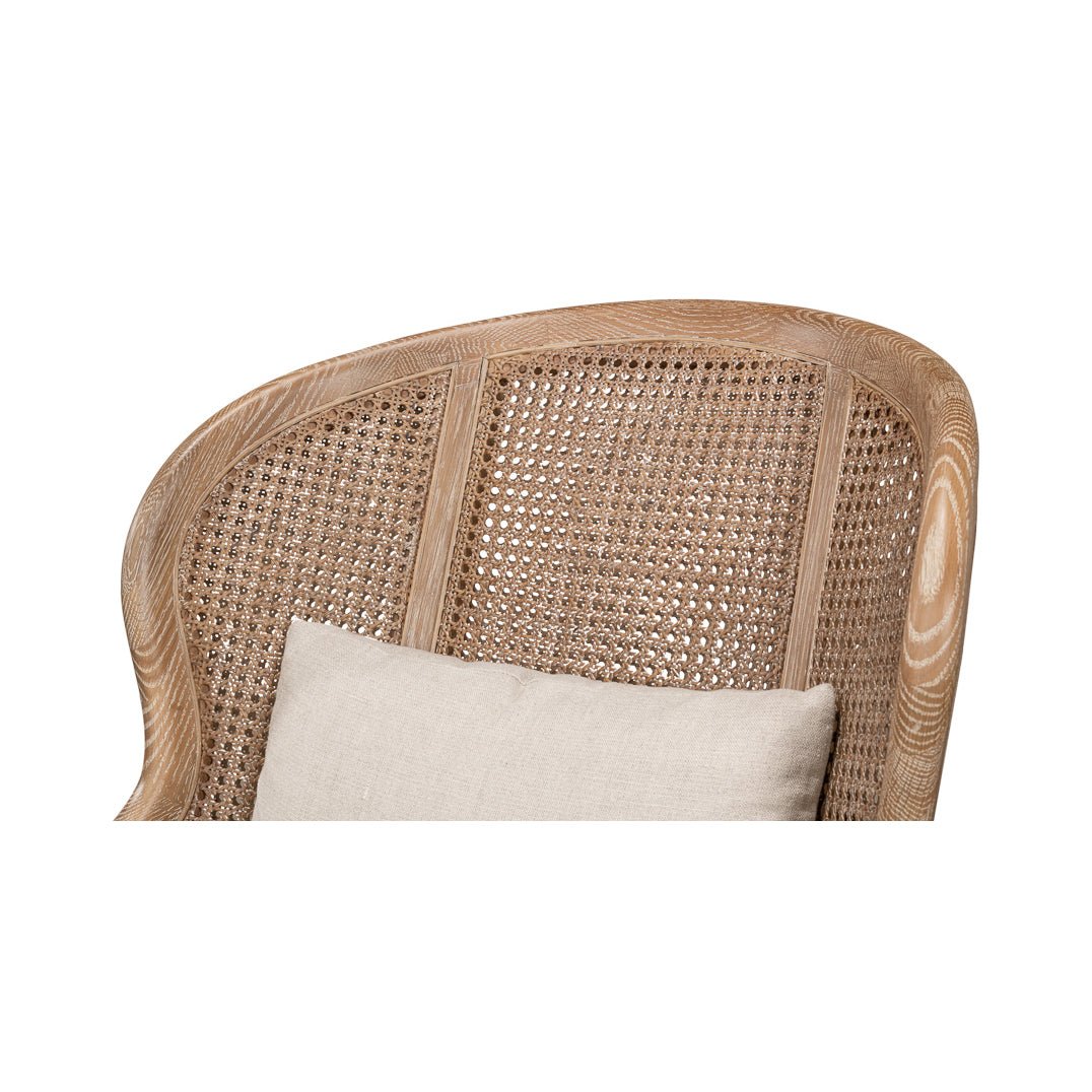 Top detail of woven pattern on armchair.