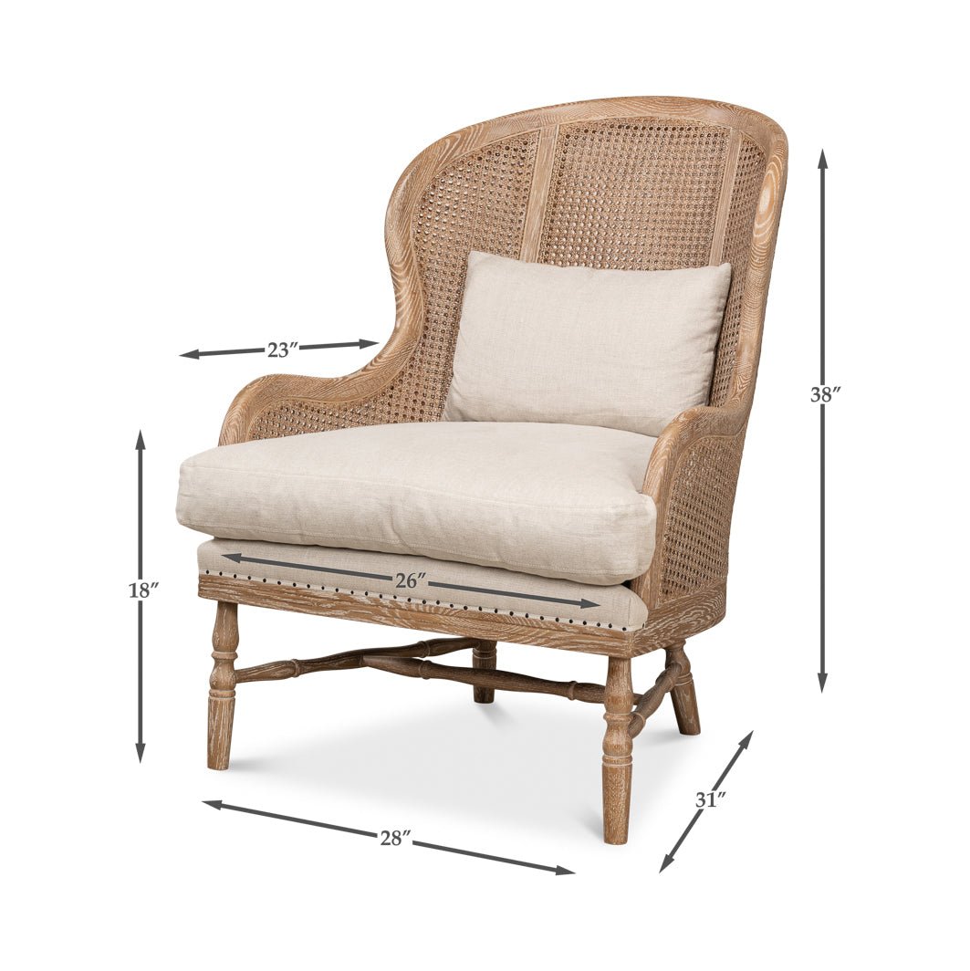 Dimensions shown for white wash French oak armchair.