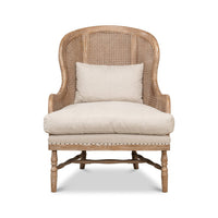 Front view of French oak armchair with cushion.
