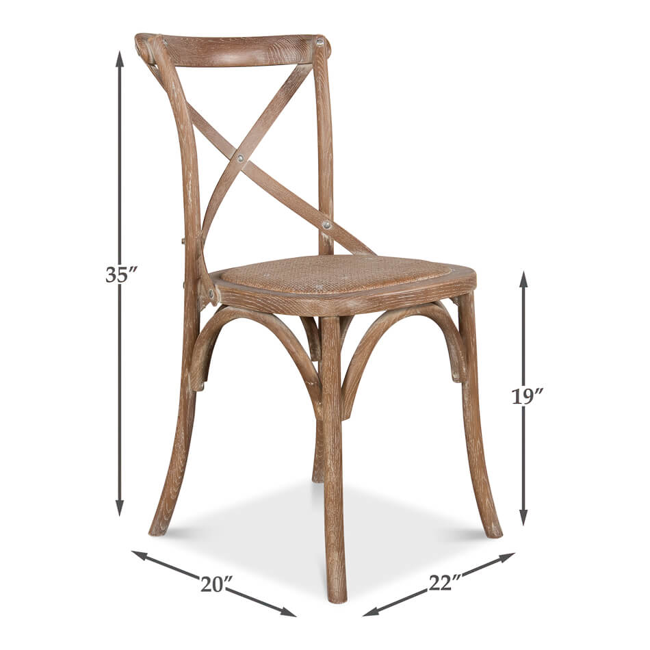 Wood dining chair, dimensions labeled, cross-back style.