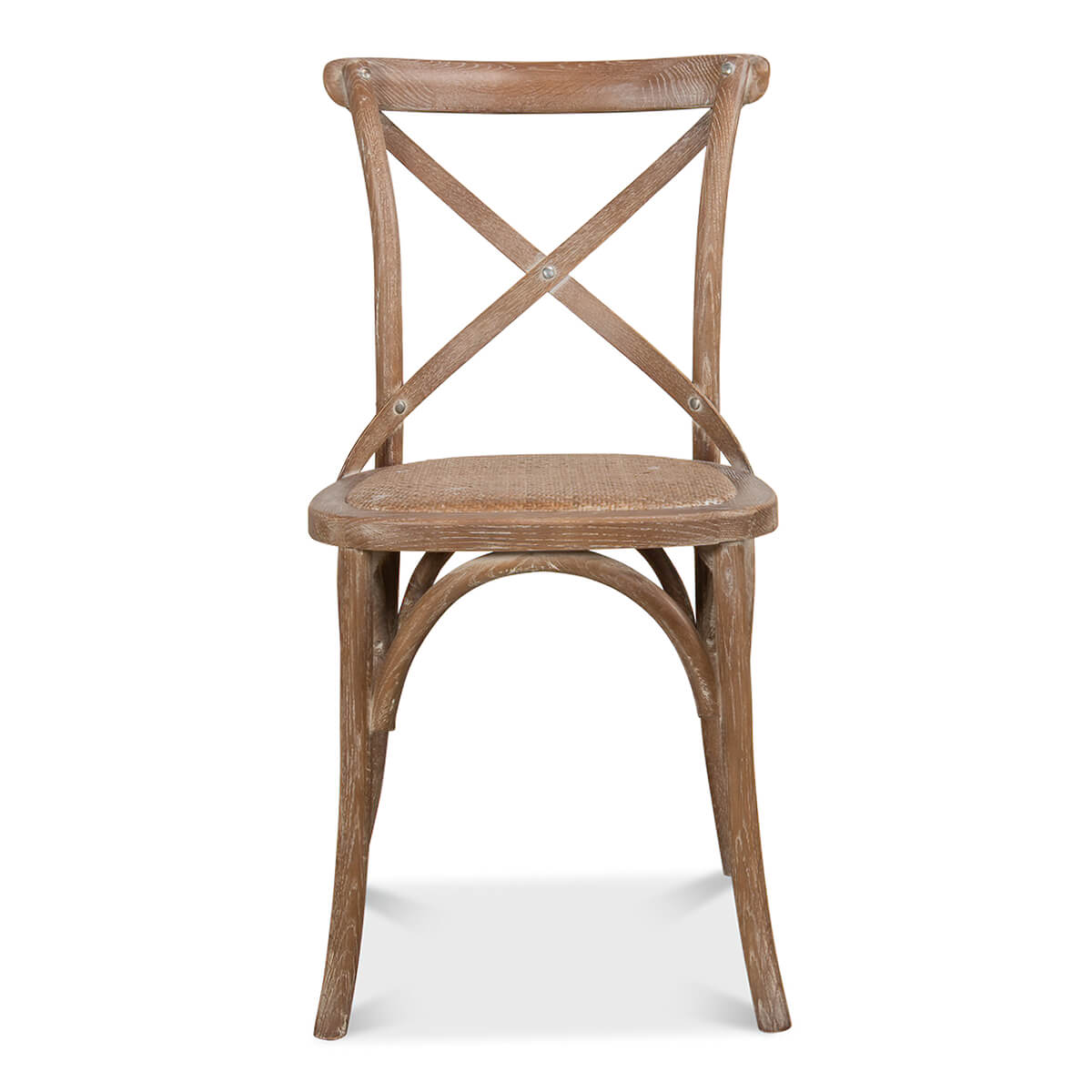 Front view wood dining chair, cross-back detail.