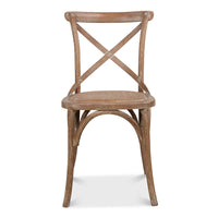 Front view wood dining chair, cross-back detail.