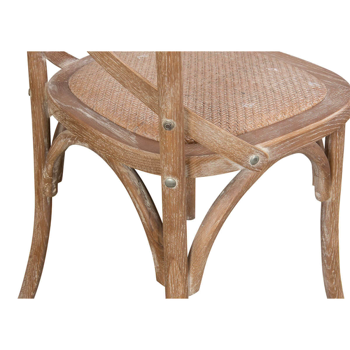 Close-up wood dining chair seat and framework.