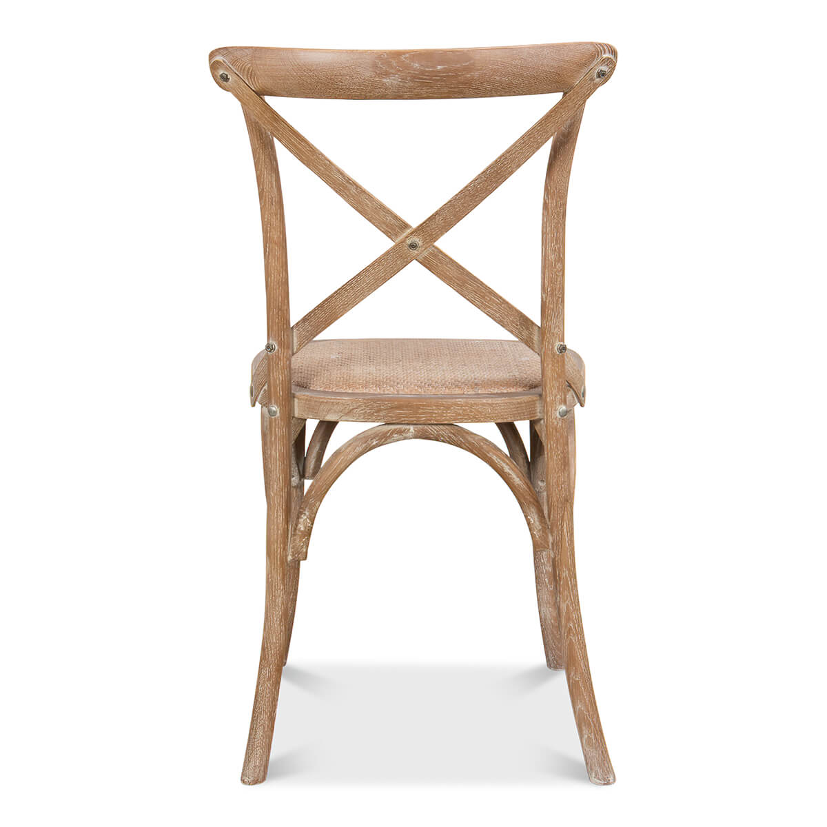 Rear view wood dining chair, cross-back and detail.