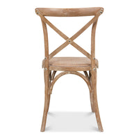 Rear view wood dining chair, cross-back and detail.