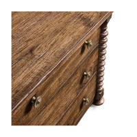 Close-up of drawer front on nightstand, metal knobs visible.
