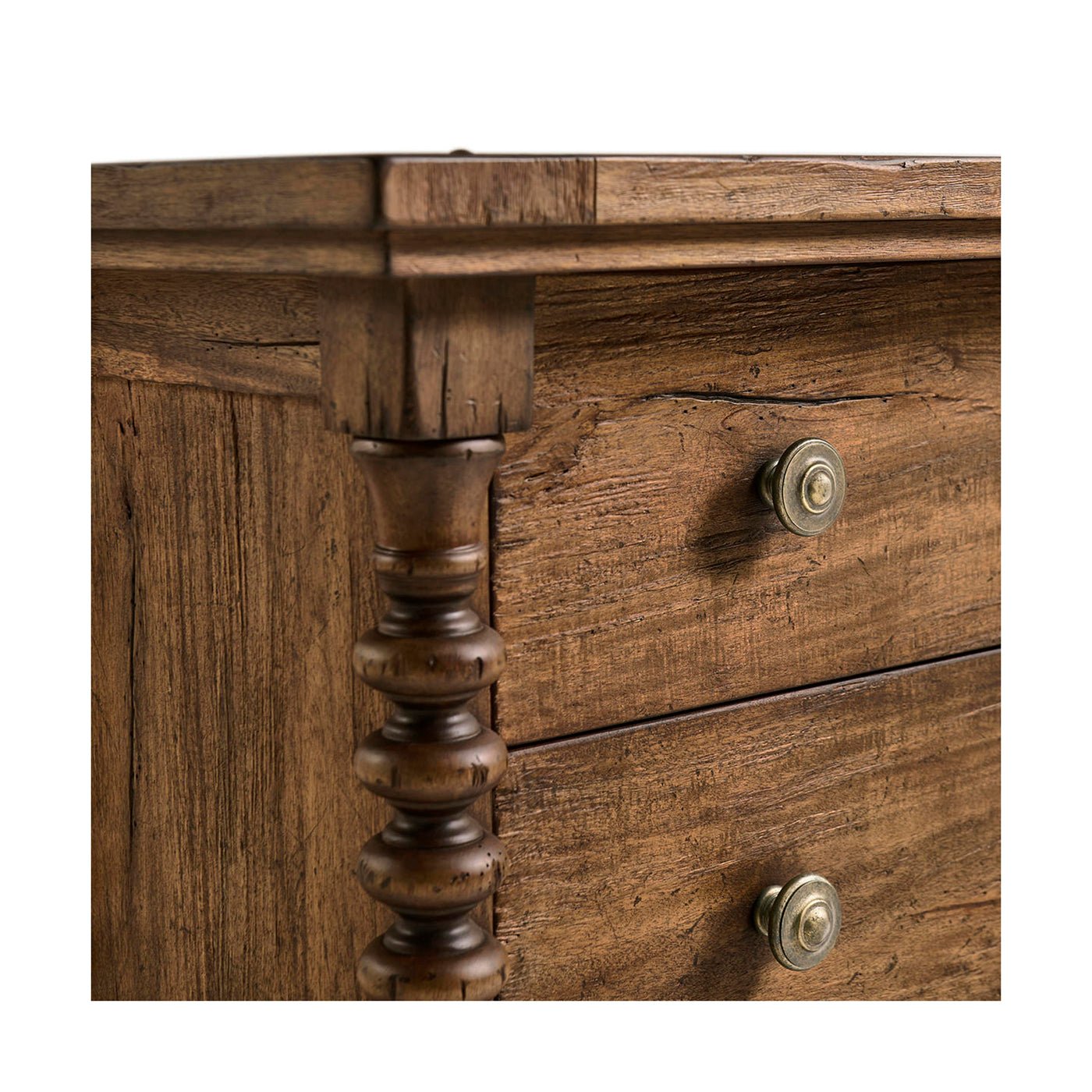 Close-up of nightstand corner, spindle detail emphasized.