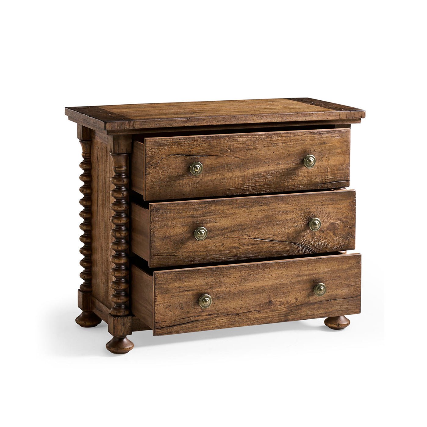 Nightstand shown with partially open drawers, wood texture visible.