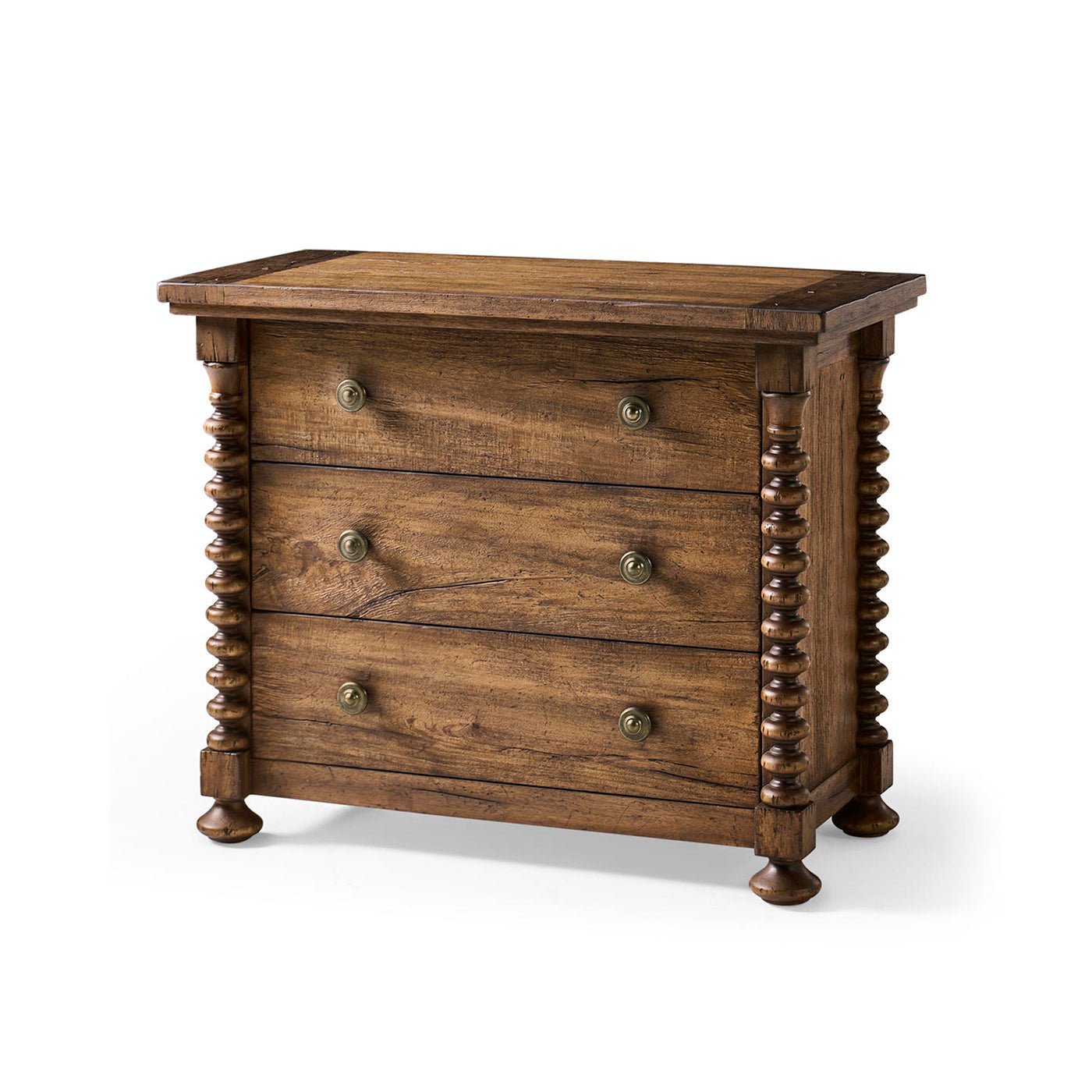 Front view of rustic wood nightstand, three drawers visible.