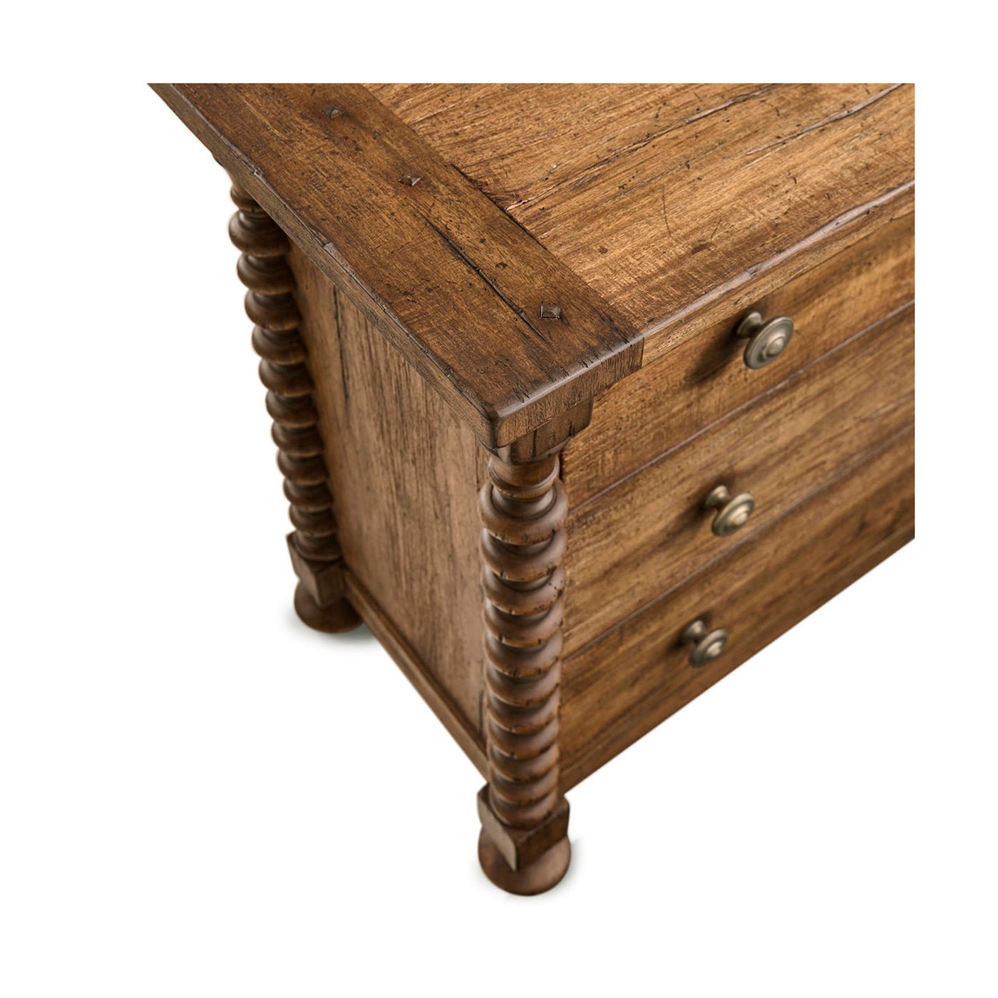 Top corner view of nightstand highlighting spindle and surface.