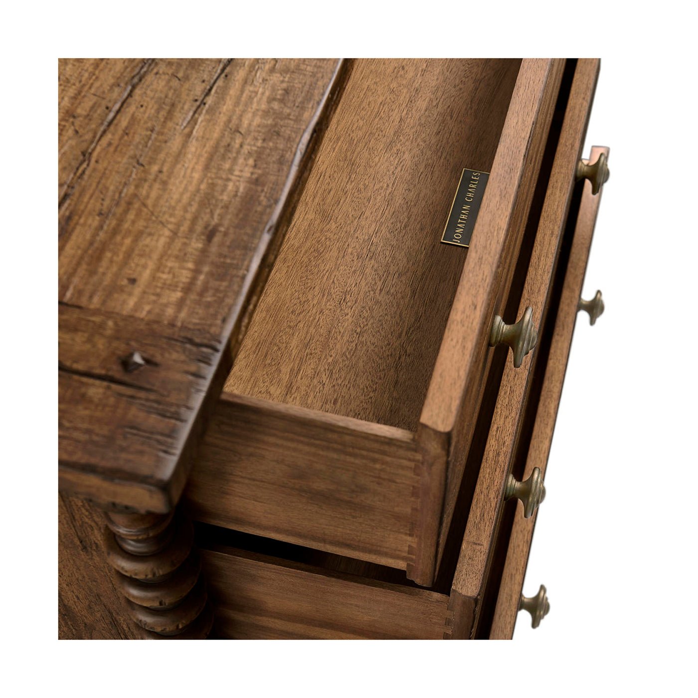 Open drawer of nightstand, interior wooden detail shown.
