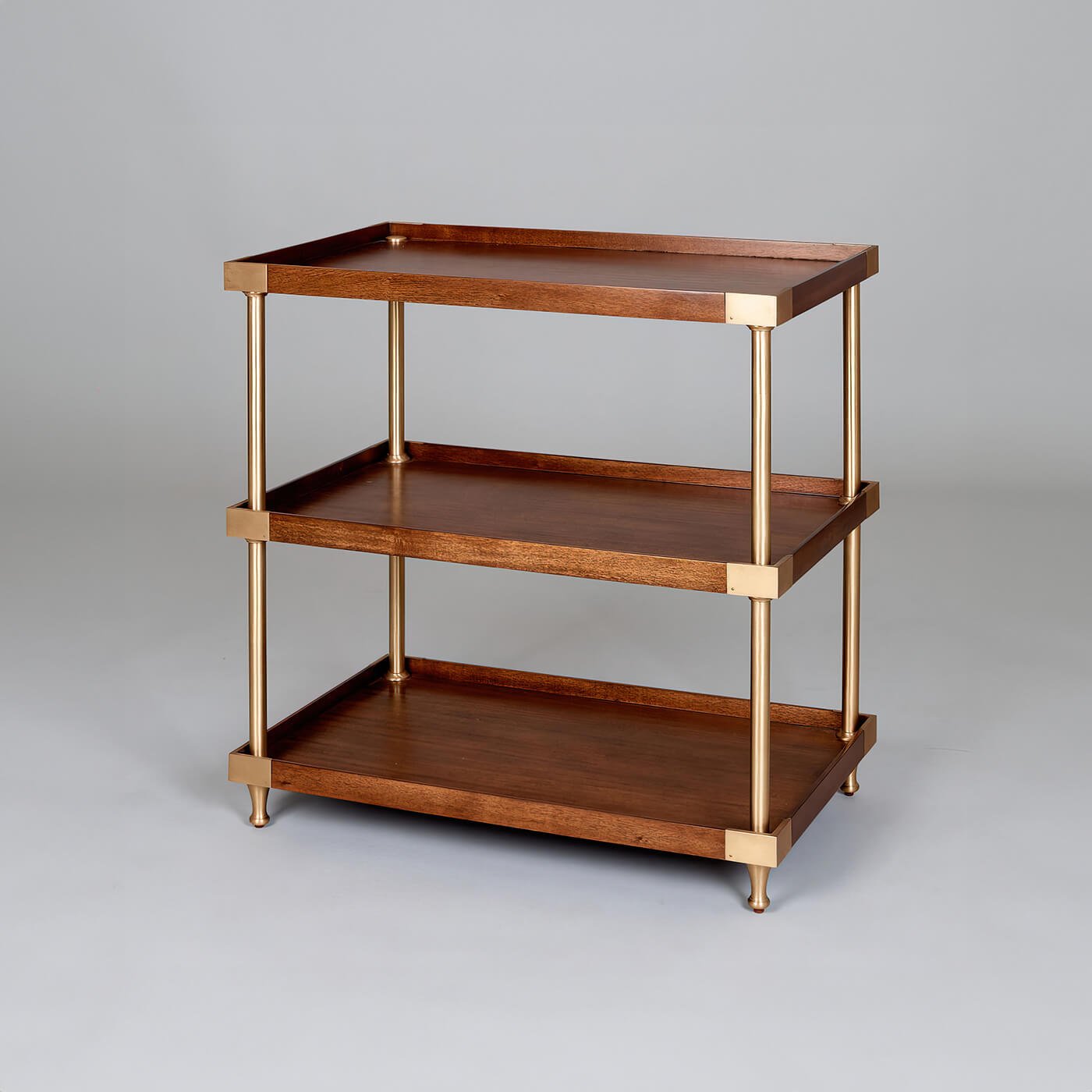 Wide modern etagere with three-tier design, side view.