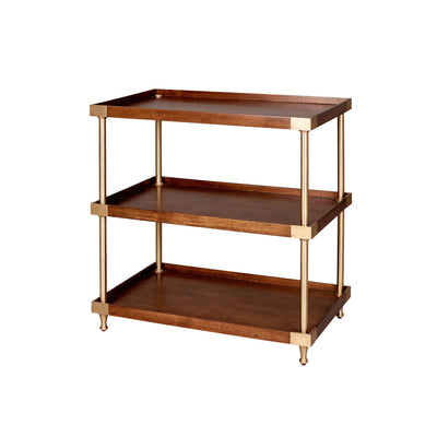 Wide modern etagere with wooden shelves, front view.