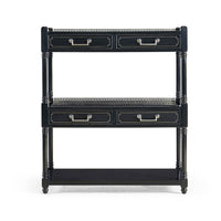Wide painted etagere, front view showing drawer details.