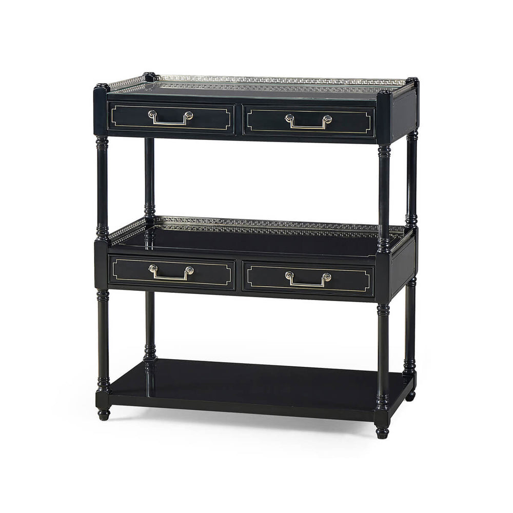 Wide painted etagere with drawers, angled side view.