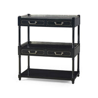 Wide painted etagere with drawers, angled side view.