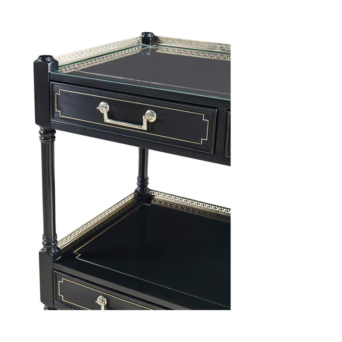 Wide painted etagere, close-up of drawer and top surface.