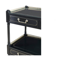 Wide painted etagere, close-up of drawer and top surface.