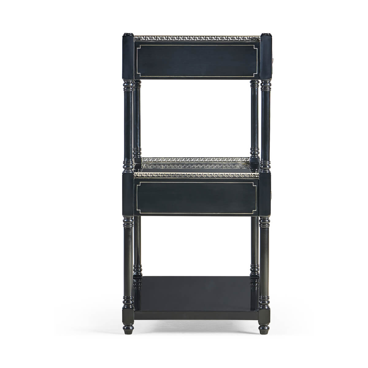 Wide painted etagere, side profile displaying leg design.