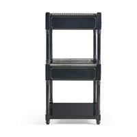 Wide painted etagere, side profile displaying leg design.