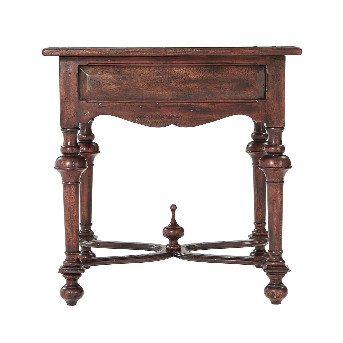 Antique end table back view with carved details.
