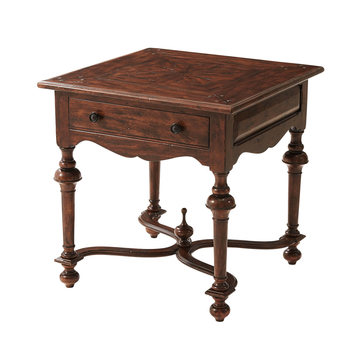 Antique end table with ornate legs, angled view.