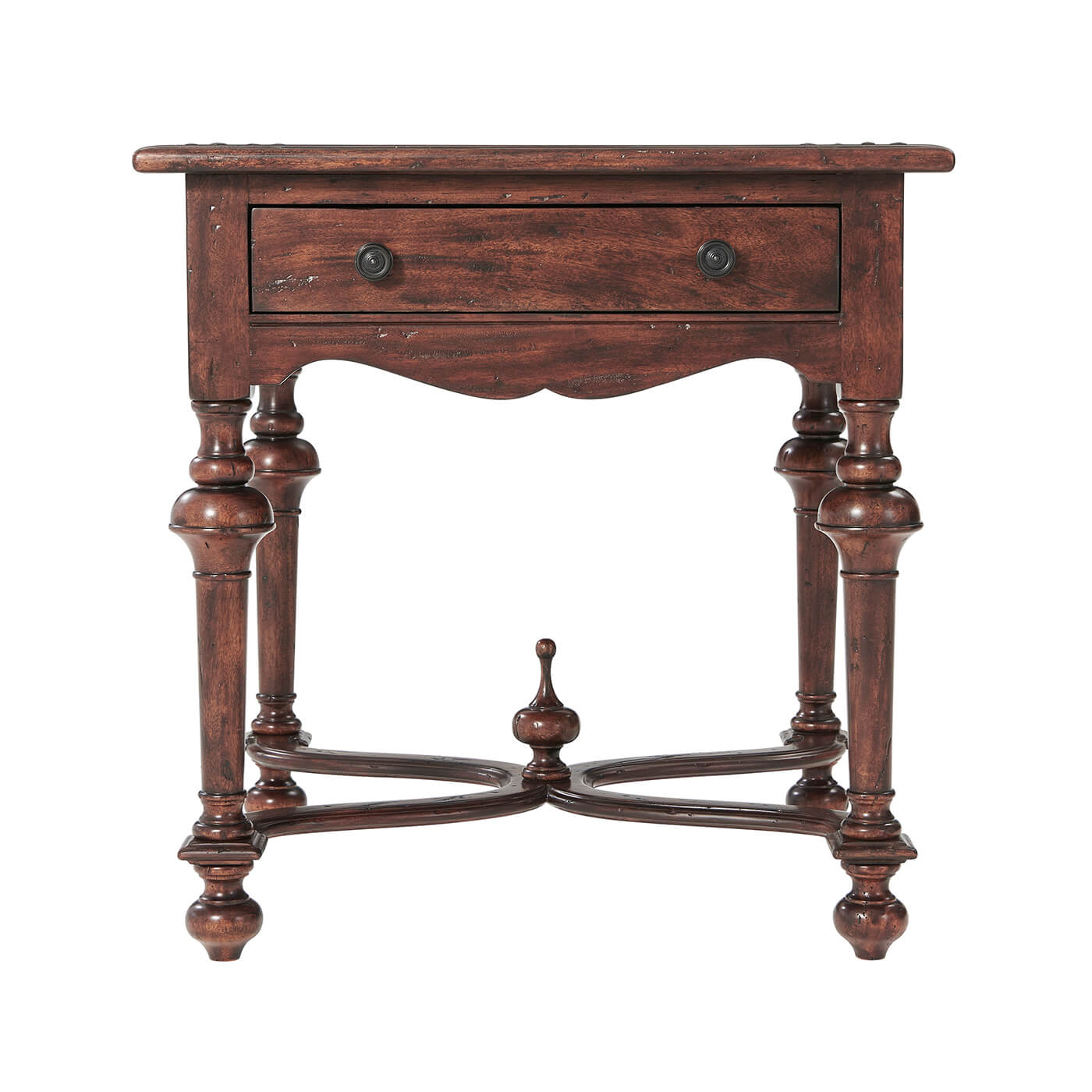 Antique end table front view with detailed legs.