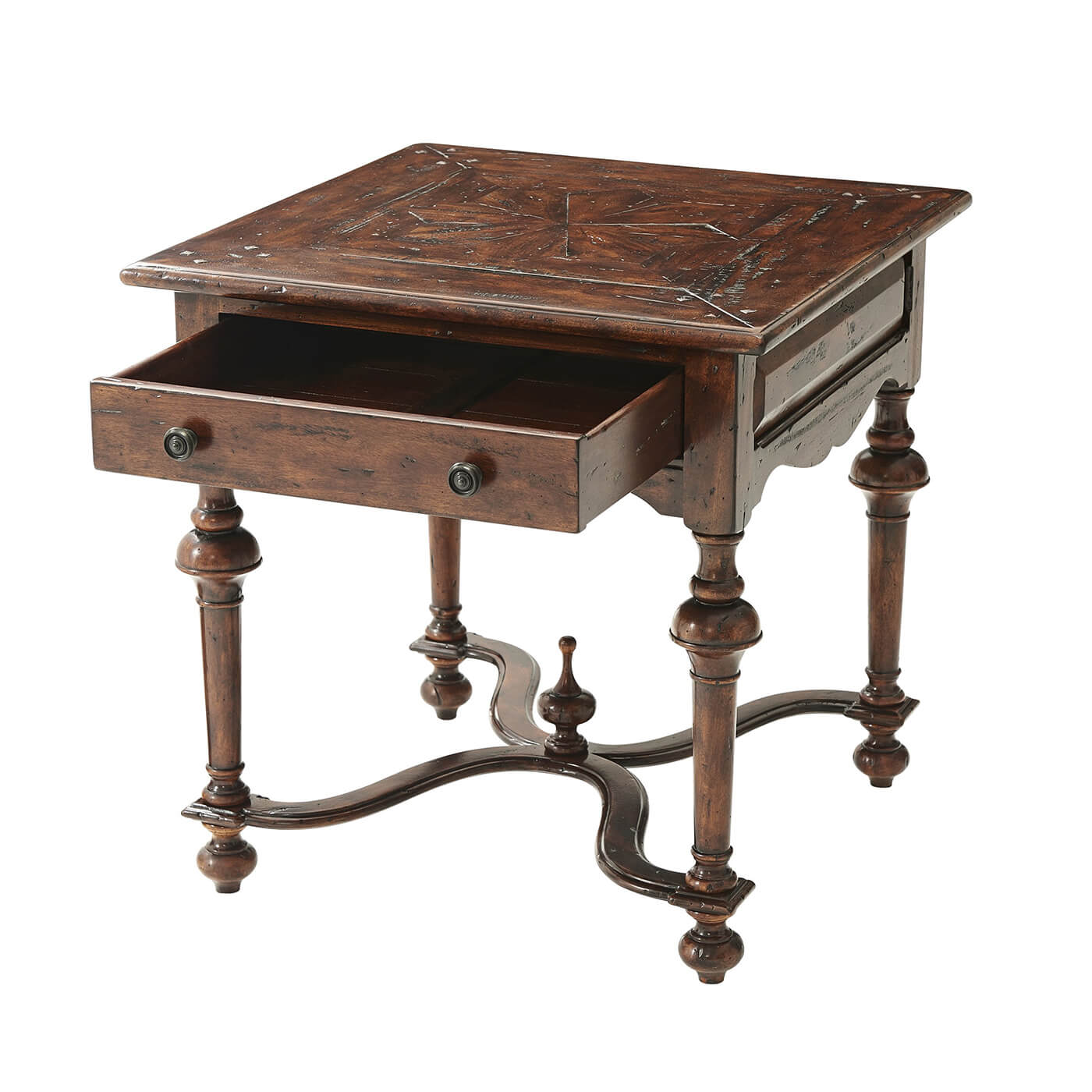 Antique end table open drawer, angled perspective.