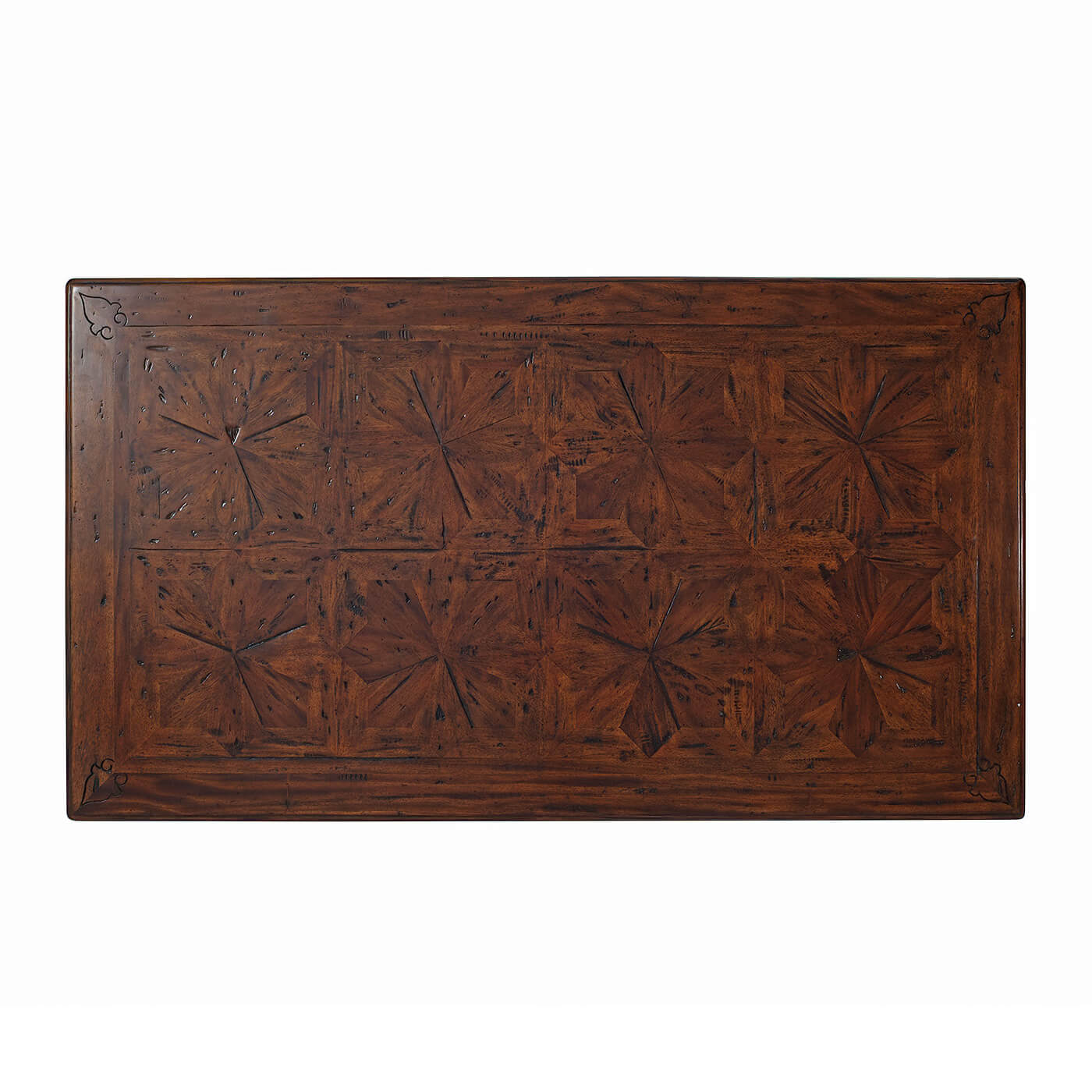 Close-up of detailed parquet pattern on tabletop, top view.