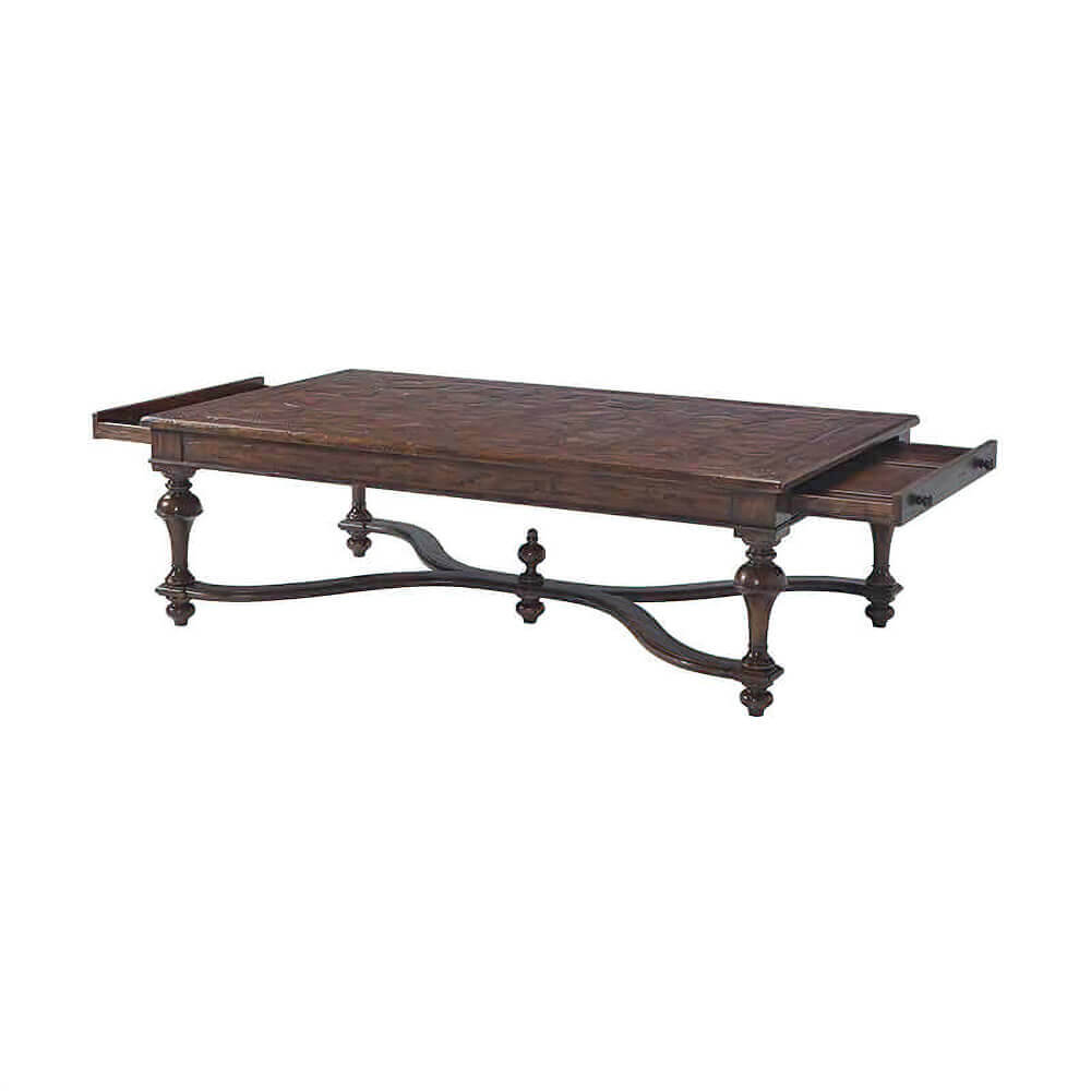 Coffee table with drawer partially open, angled view.